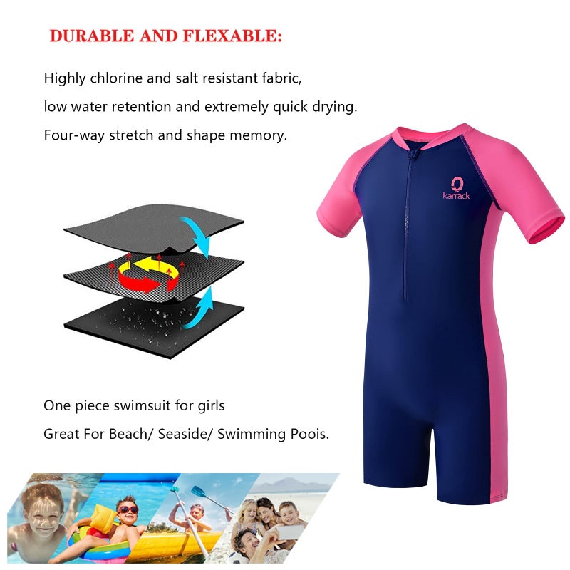 karrack Girls and Boys One Piece Rash Guard Swimsuit Kid Water Sport Short Swimsuit UPF 50+ Sun Protection Bathing Suits Blue-Pink (Size 8-10Years) - Image 4